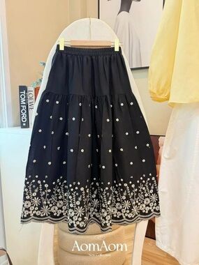 Black Embroidered Midi Skirt